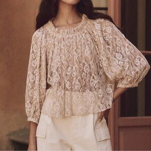 NWT $288 The Great. Pink Prim Lace Puff Sleeve Blouse